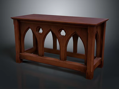 Gothic Style Wooden Dining Table with Arched Structure and Circular Cutouts 3d model