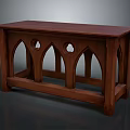 Gothic Style Wooden Dining Table with Arched Structure and Circular Cutouts