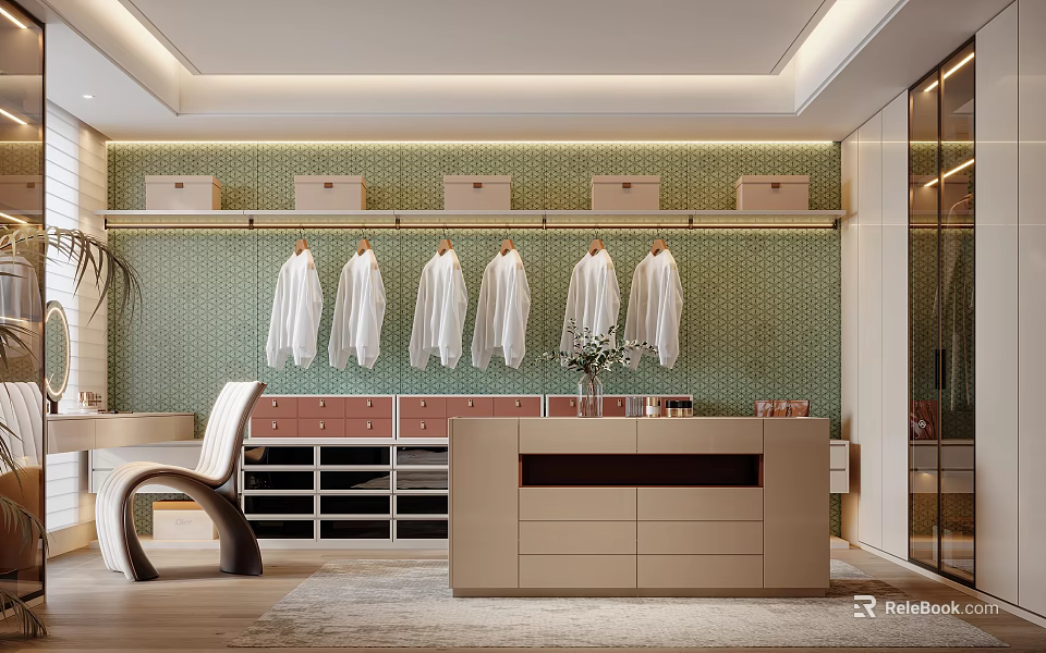 Stylish Walk In Closet Interior With Hanging White Shirts Storage Boxes And Green Patterned Wall 3d model 