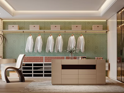 Stylish Walk In Closet Interior With Hanging White Shirts Storage Boxes And Green Patterned Wall 3d model
