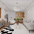 Elegant Living And Dining Area With Chandelier Large Windows Green Plants Beige Armchair And Checkered Cabinet