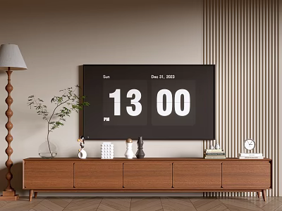 Wooden Brown TV Stand With Clock Plants Books Decorations And Storage In Modern Living Room 3d model