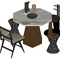 Modern Octagonal Dining Table Set With Marble Tabletop Wooden Base Chairs And Geometric Stools 3d model