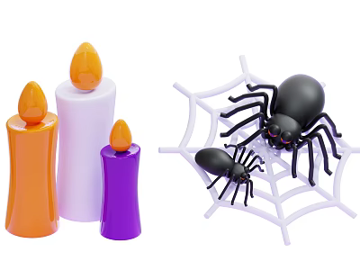 Colorful Decorative Ornament Set With Orange White Purple Candles And Black Spider Web 3d model