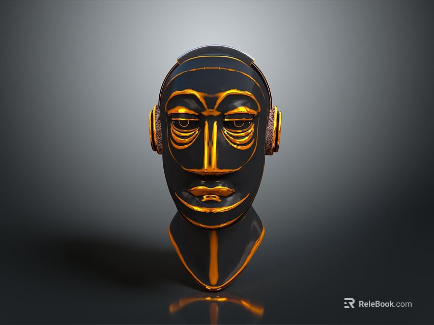 Artistic Black Gold Decorative Mask For Home Decor With Detailed Lines And Facial Features 3d model 