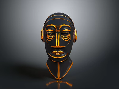 Artistic Black Gold Decorative Mask For Home Decor With Detailed Lines And Facial Features 3d model