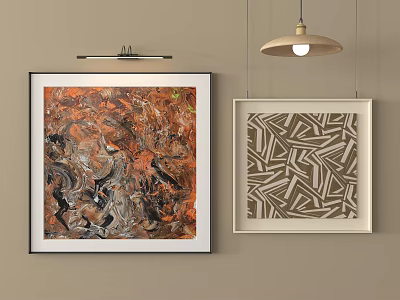 Abstract And Geometric Artwork Hanging On Beige Wall With Pendant Lamp 3d model