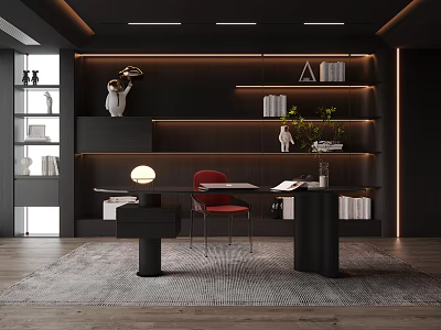 Modern Study Room Interior With Red Chair Wooden Desk Lamp Books And Bookshelf Decor 3d model