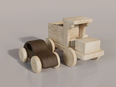 Wooden Toy Truck And Small Car With Natural Wood Finish For Kids Playtime 3d model