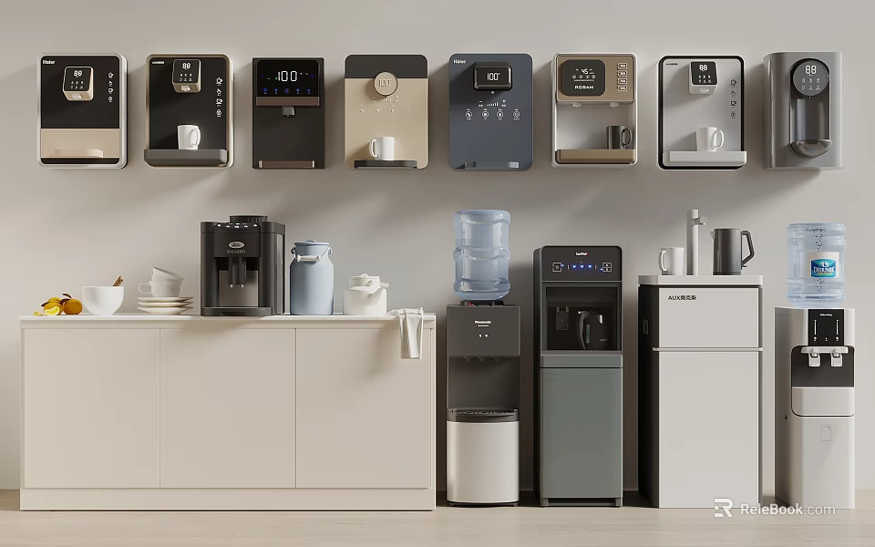 Daily Use Electrical Appliances Including Coffee Machines Water Dispensers Mini Fridges On Counter And Wall 3d model 