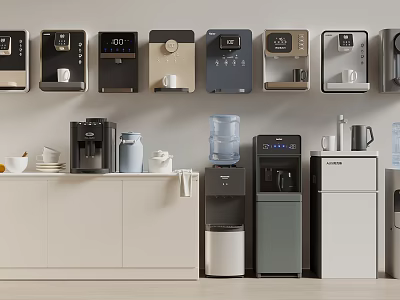 Daily Use Electrical Appliances Including Coffee Machines Water Dispensers Mini Fridges On Counter And Wall 3d model