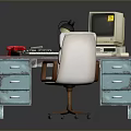Vintage Office Desk Setup With Old Computer Red Telephone And Chair