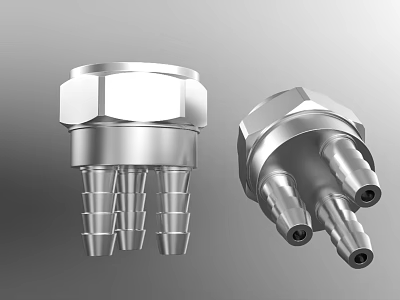 Shiny Metal Industrial Connectors Featuring Hexagonal Top And Multi Way Ports 3d model