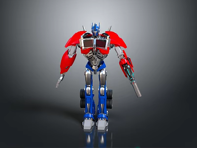 Optimus Prime Game and Movie Character in Red Blue Robot Form Holding Weapon 3d model