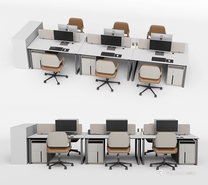 Partitioned Office Desks With Multiple Workstations Computers And Brown Ergonomic Chairs In Office Space 3d model
