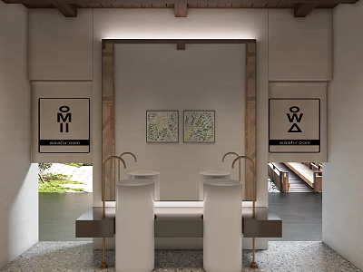 Modern Public Restroom Interior Design With White Sinks Golden Faucets And Decorative Paintings 3d model