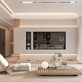 Modern Living and Dining Room With Open Concept Wooden Sofa Coffee Table Large Windows Plant