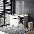 Bathroom Vanity Cabinet with Washing Machine White Countertop Sink Faucet Toiletries and Potted Plant