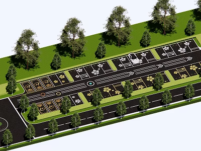 Landscaped Parking Lot With Trees Marked Spaces And Asphalt Lanes 3d model