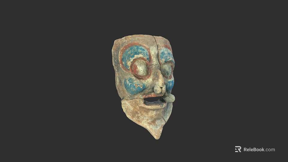 Ancient Traditional Ceramic Mask With Blue And Red Decorations And Worn Texture 3d model