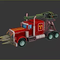 Red Transformer Style Truck With Yellow Stripes And Mechanical Arm Design