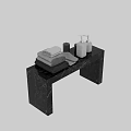 Bathroom Accessories on Black Marble Countertop with Soap Dispenser Lotion Bottle Candles and Towels