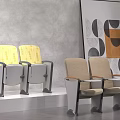Modern Yellow And Beige Armchairs With Woven Seats Against Gray Wall And Decorative Artwork
