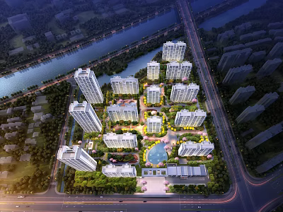 Bird's Eye View Planning of Residential Community with High Rise Buildings Green Spaces and Water Feature 3d model