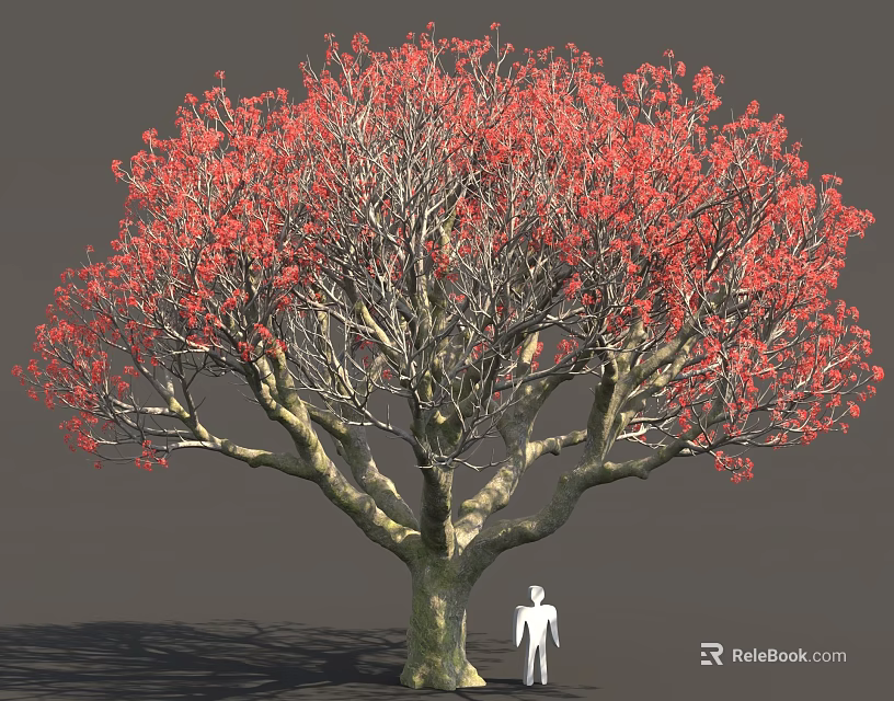 Large Tree With Vibrant Red Leaves Thick Branches And Human Figure Model 3d model