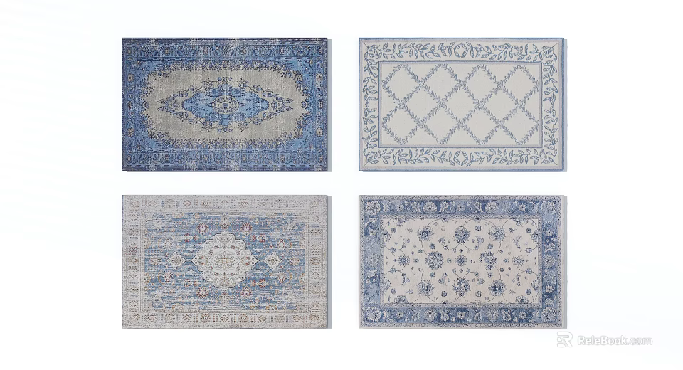 Square Rugs Featuring Traditional And Geometric Patterns In Blue Beige Tones 3d model