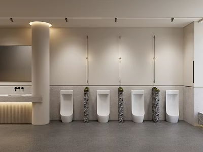 Modern Public Restroom Design With Row of White Urinals Plant Dividers And Mirror 3d model