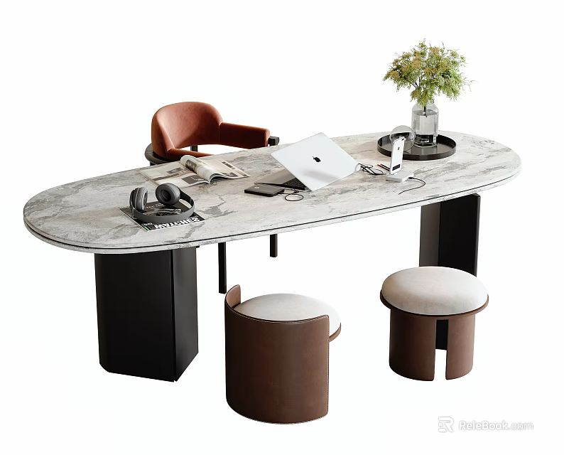 Modern Oval Office Desk Chair Set With Brown Chair Two Round Stools Laptop And Potted Plant 3d model 