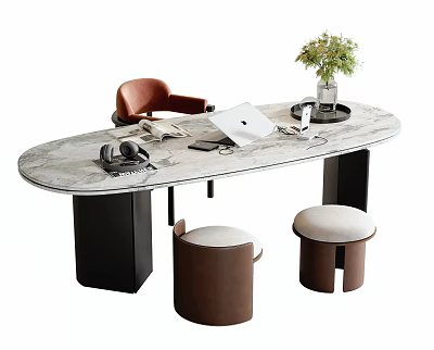 Modern Oval Office Desk Chair Set With Brown Chair Two Round Stools Laptop And Potted Plant 3d model