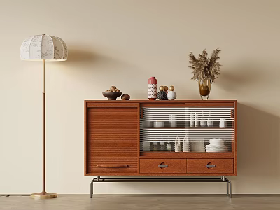 Modern Wooden Entryway Cabinet Sideboard With Decorative Items And Floor Lamp 3d model