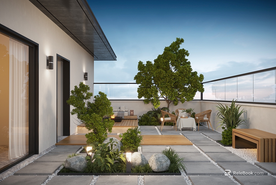 Roof Courtyard Garden With Green Trees Outdoor Seating Stone Decor And Wooden Flooring 3d model 