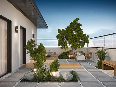 Roof Courtyard Garden With Green Trees Outdoor Seating Stone Decor And Wooden Flooring 3d model