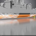 Elegant White Warship Model with Deck Antennas and Orange Stripes on Reflective Surface 3d model