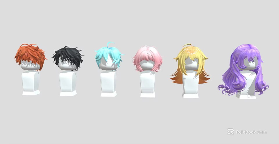Various Colored Hair Wigs Displayed On White Mannequin Heads For Styling Options 3d model 
