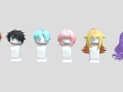 Various Colored Hair Wigs Displayed On White Mannequin Heads For Styling Options 3d model