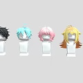 Various Colored Hair Wigs Displayed On White Mannequin Heads For Styling Options