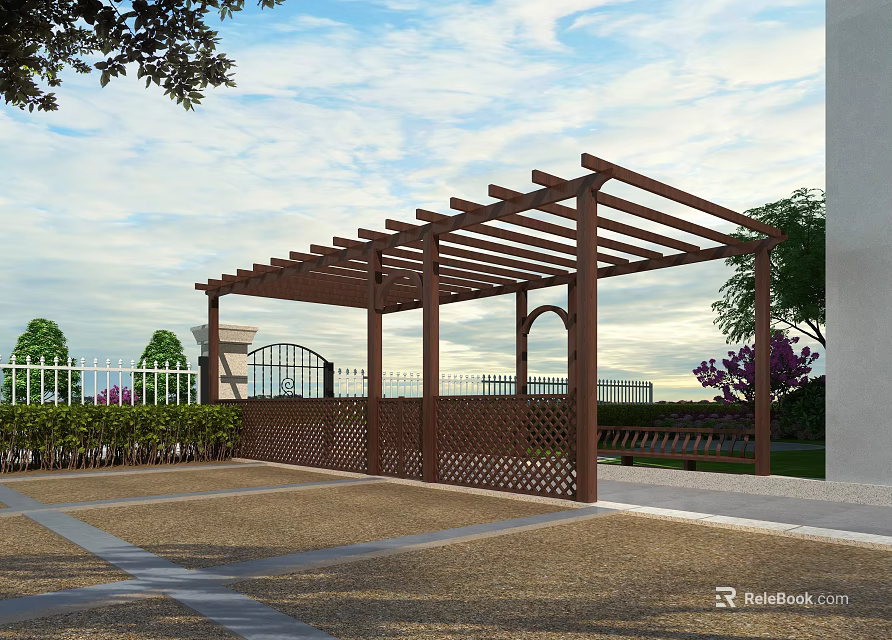 Wooden Pergola With Lattice Design In Outdoor Garden Area With Bench And Fence 3d model 