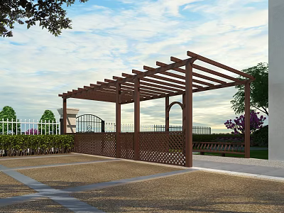 Wooden Pergola With Lattice Design In Outdoor Garden Area With Bench And Fence 3d model