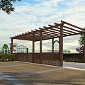 Wooden Pergola With Lattice Design In Outdoor Garden Area With Bench And Fence