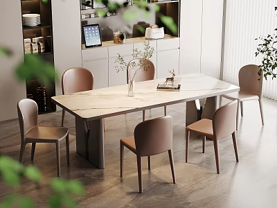 Modern Dining Room Interior With Rectangular Table Beige Chairs And Decorative Plants 3d model