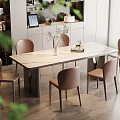 Modern Dining Room Interior With Rectangular Table Beige Chairs And Decorative Plants