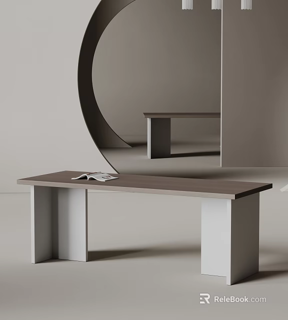 Modern Minimalist Dining Table With Wooden Top Open Magazine And White Legs In Mirror Reflected Interior 3d model 