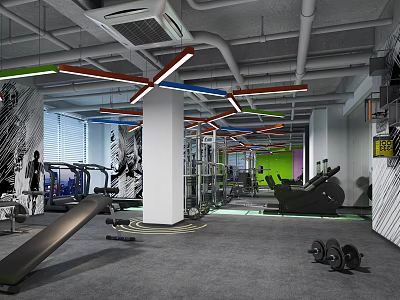 Modern Fitness Gym Interior With Workout Equipment Treadmills Dumbbells And Colorful Lighting 3d model