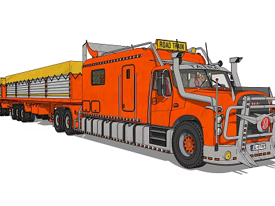 Orange Large Utility Vehicle With Oversize Sign And Transport Trailer 3d model