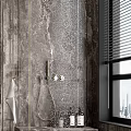 Modern Bathroom With Marble Walls Lighted Mirror Wooden Vanity And Glass Shower