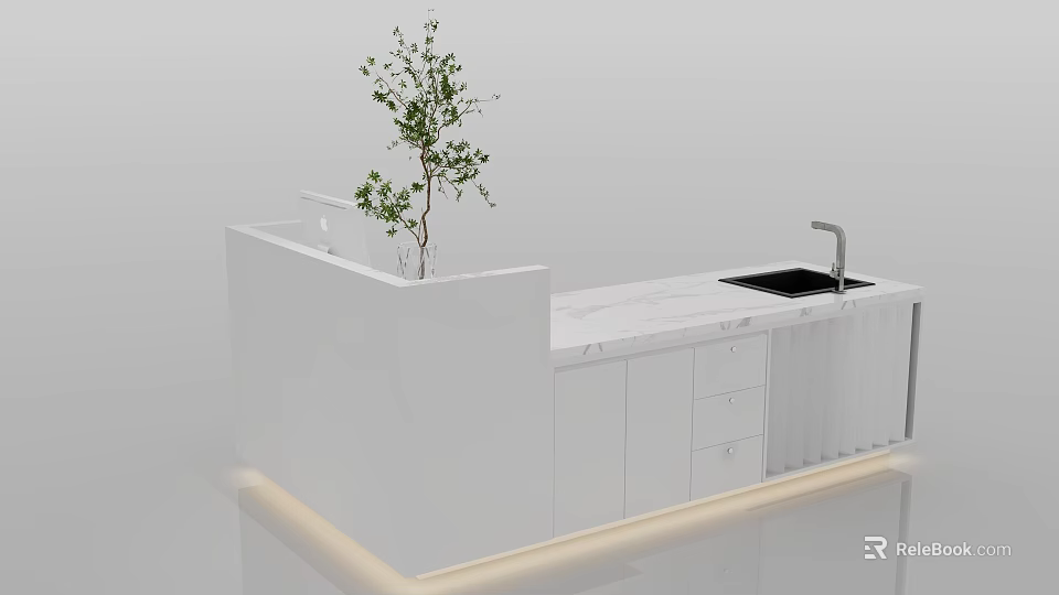 Modern White Reception Desk With Marble Countertop Sink And Small Plant 3d model 